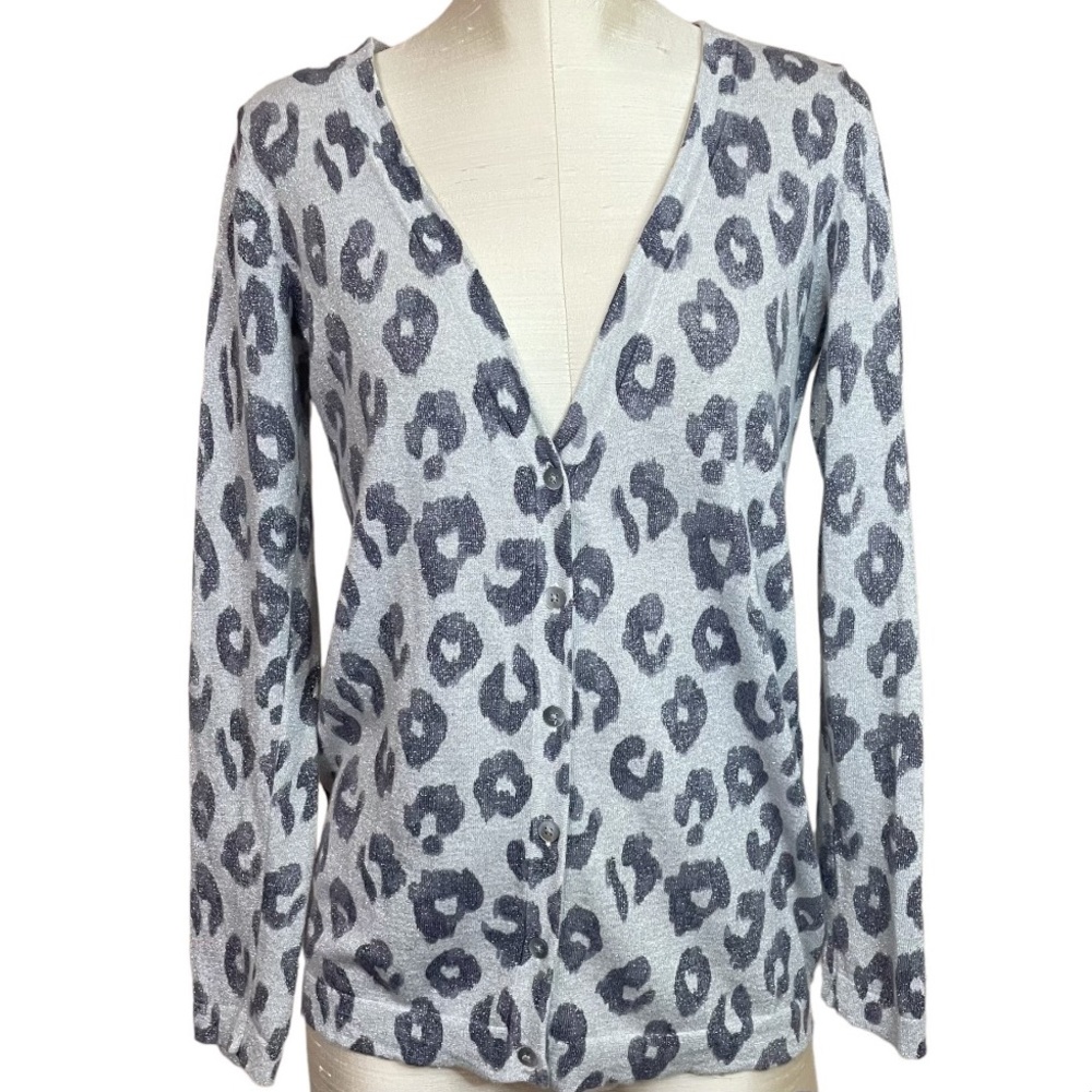 Old Navy Gray Animal Print Holiday Metallic Embellished Cardigan Size Small